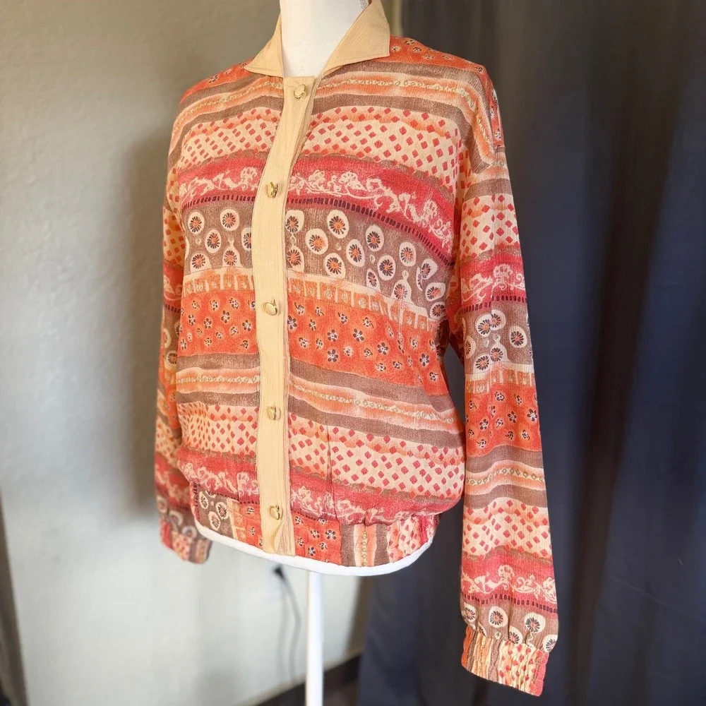 Oleg Cassini Vintage Silk Bomber Jacket Orange Geometric‎ Floral Print Small